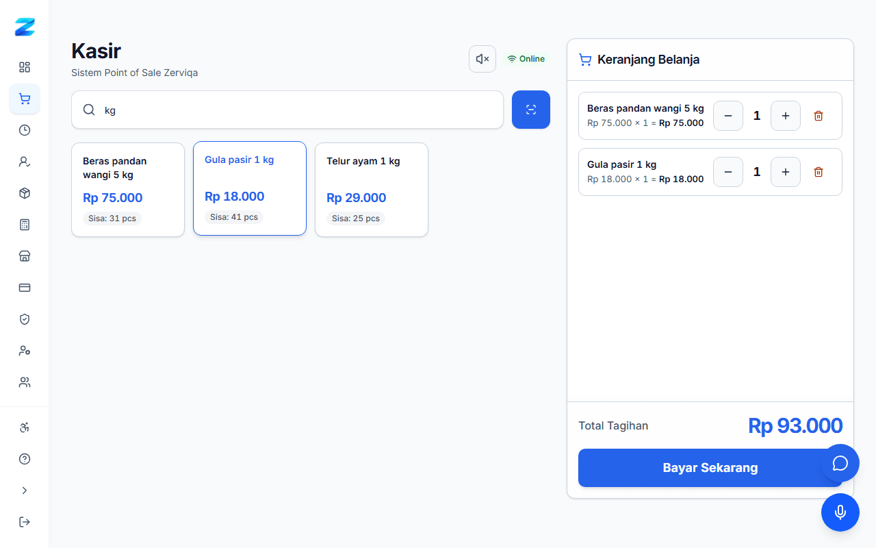 Kasir Zerviqa dengan katalog produk dan keranjang belanja toko demo