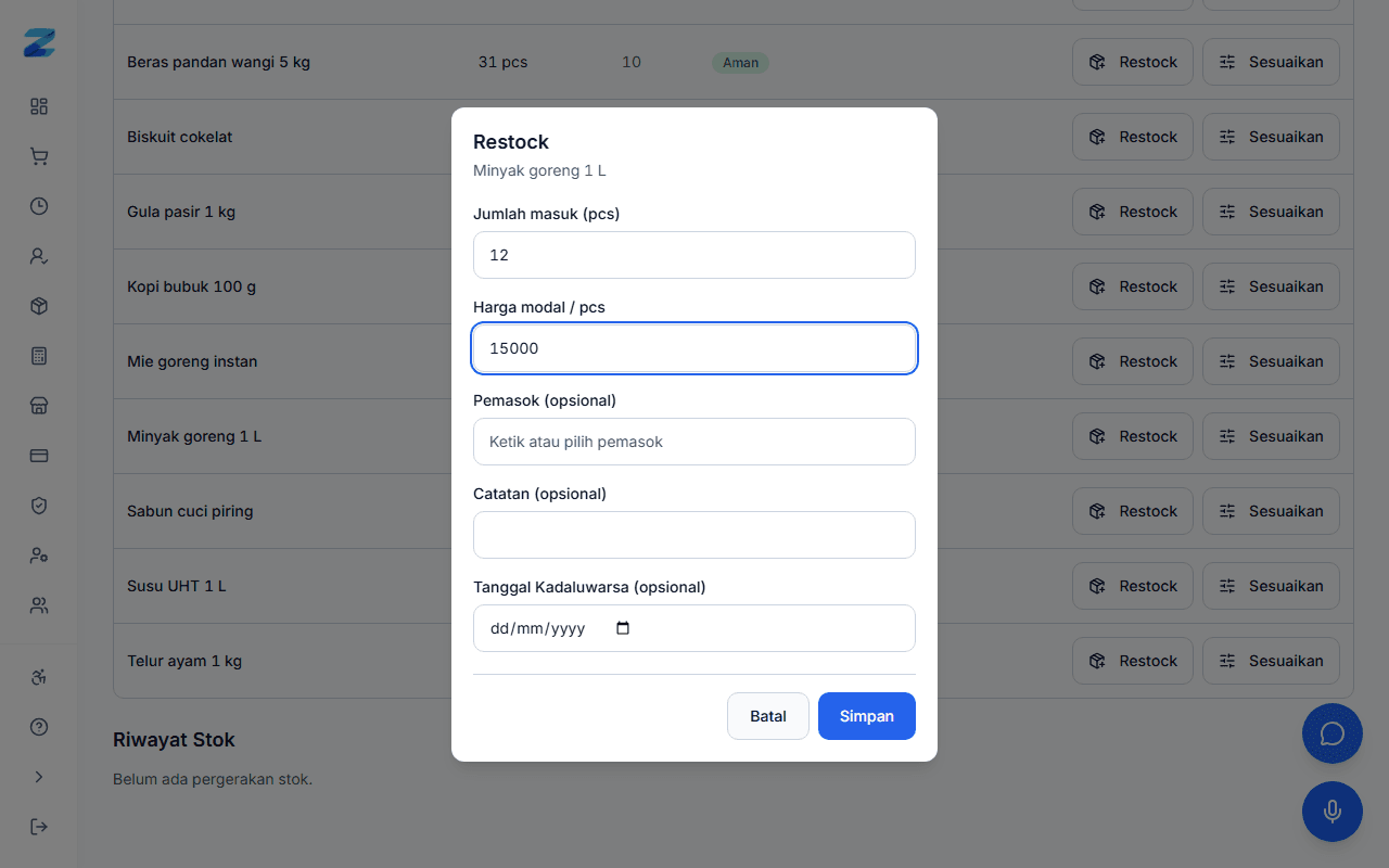 Form restock Zerviqa untuk mencatat jumlah barang masuk dan harga modal di toko demo