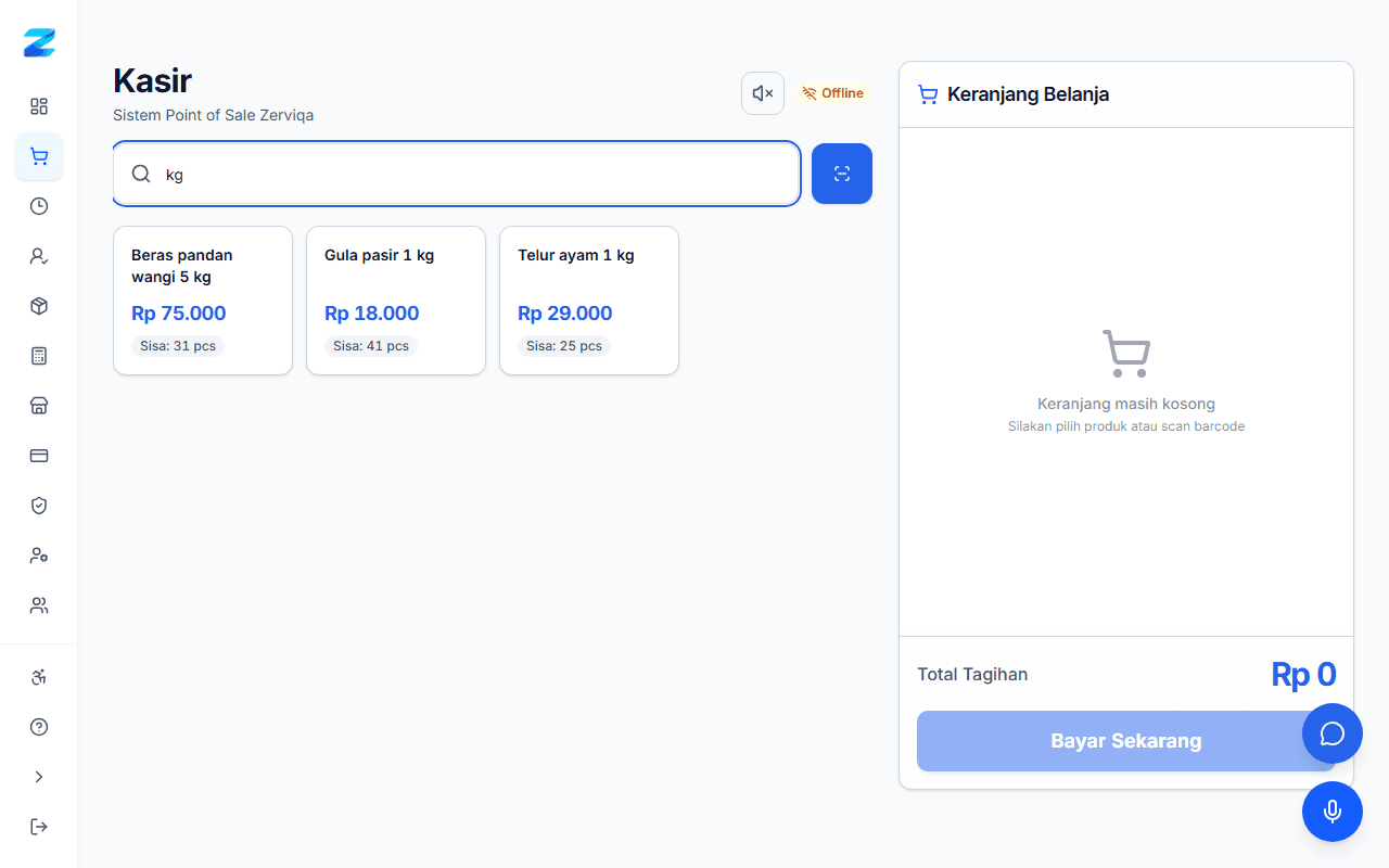 Layar kasir retail Zerviqa menampilkan indikator Offline dan katalog produk demo