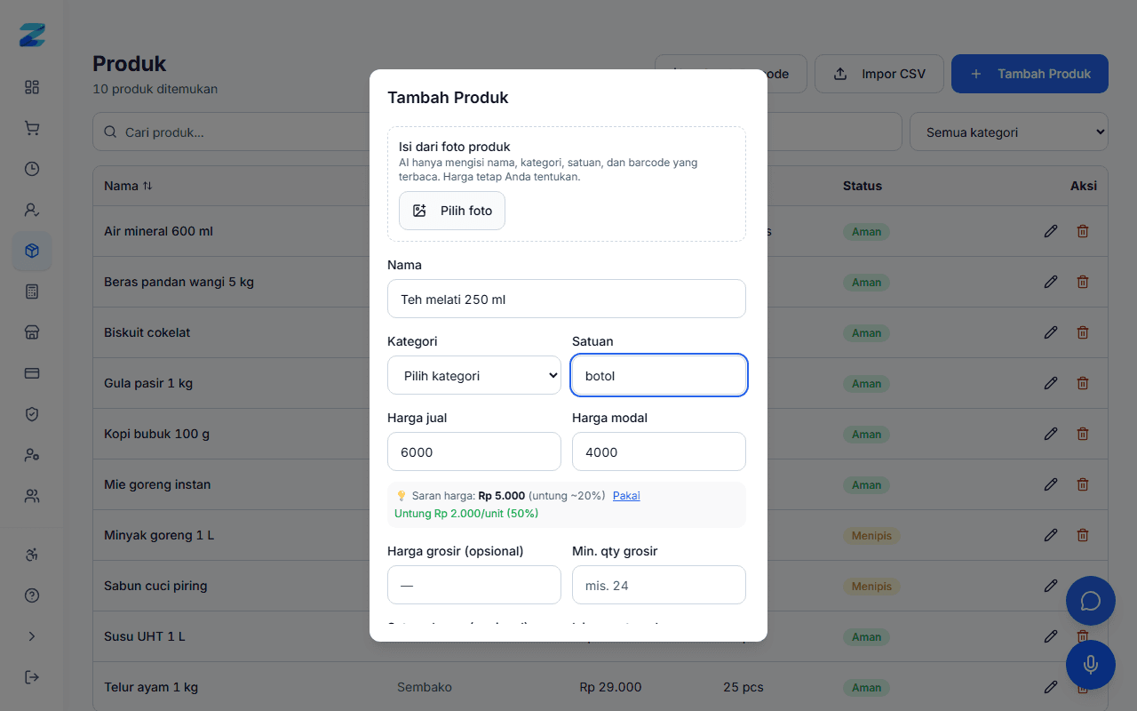 Form Tambah Produk Zerviqa dengan contoh nama, satuan, harga jual, dan harga modal