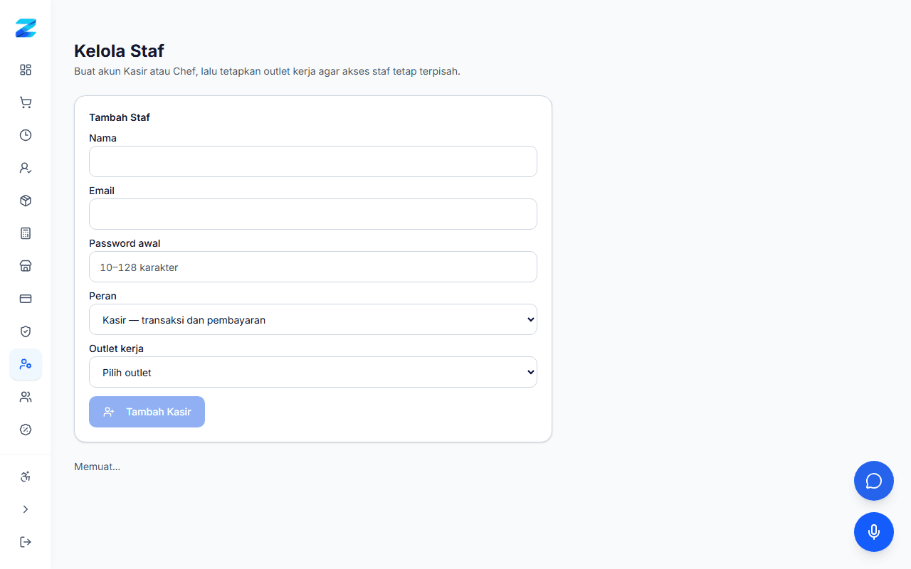 Halaman Kelola Staf Zerviqa dengan form nama, email, password awal, peran, dan outlet kerja